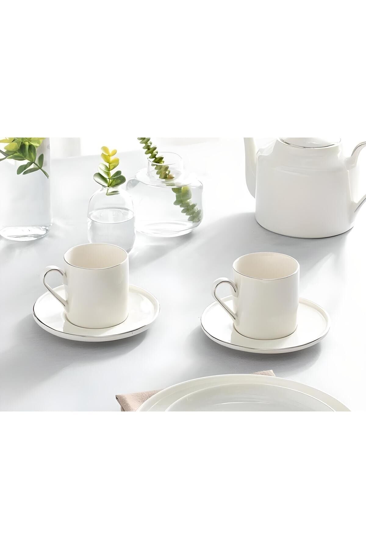 Modern 2 Kişilik 4 Parça 180 ml Gümüş Krem Çay Fincanı Takımı Servis Seti