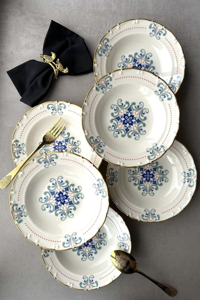 Elizabeth Altın Yaldızlı 21 Cm 6 Kişilik Porselen Krem Retro Çiçekli 6' Lı Çukur Yemek Tabağı Takımı