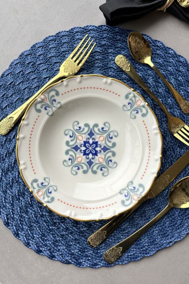 Elizabeth Altın Yaldızlı 21 Cm 6 Kişilik Porselen Krem Retro Çiçekli 6' Lı Çukur Yemek Tabağı Takımı