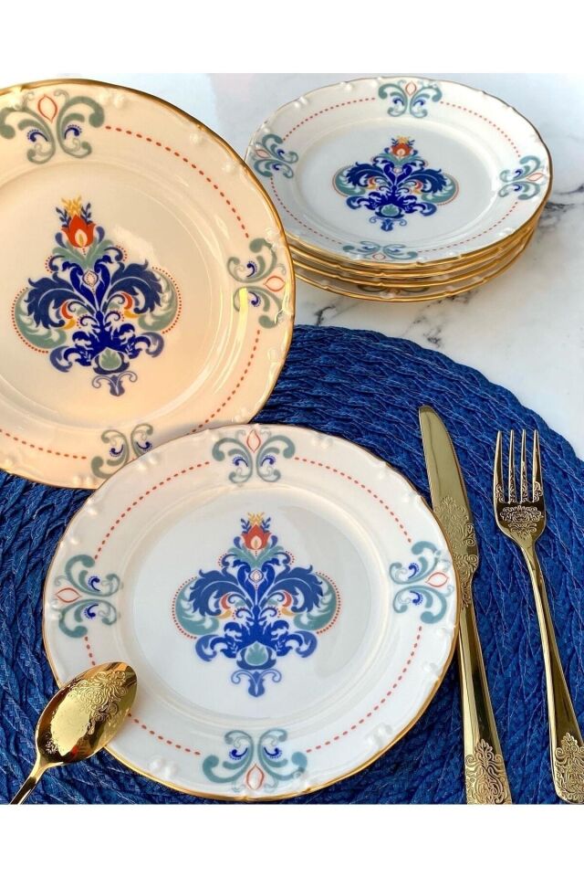 Elizabeth Altın Yaldızlı 19 Cm 6 Kişilik Porselen Krem Retro 6'lı Pasta Tabağı Sunum Servis Seti