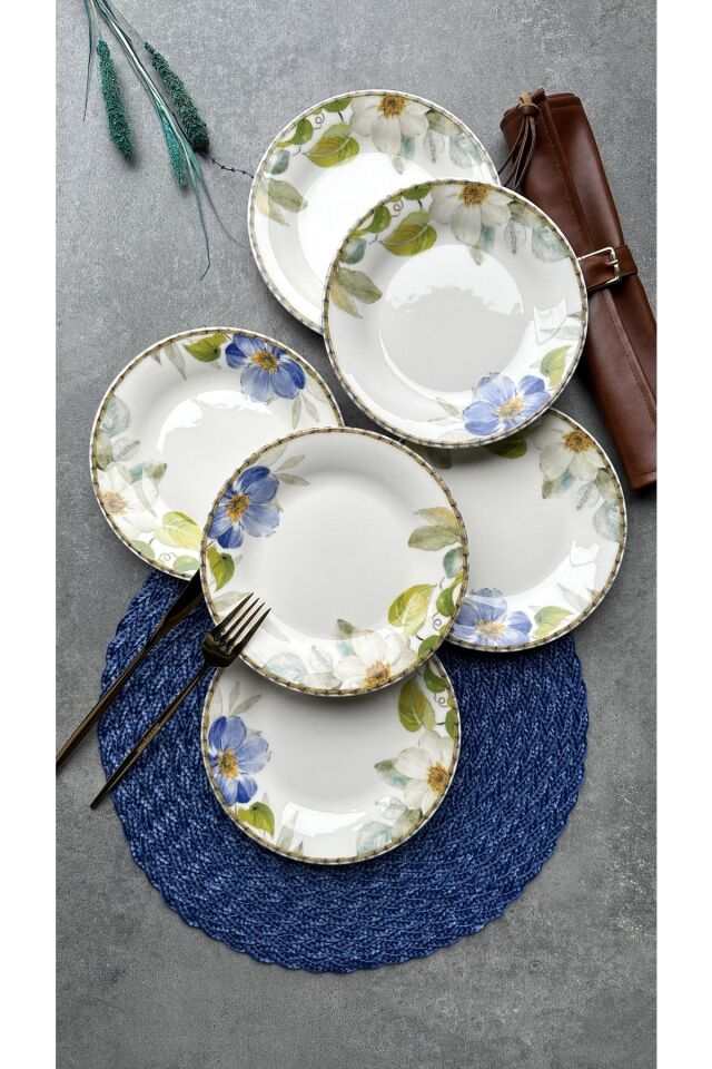 Spring 6 Kişilik 20 Cm Krem Çiçekli Porselen Pasta Tabağı Servis Seti