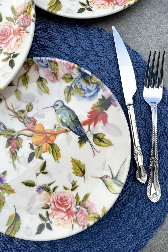 Hummingbird 24 Cm Krem Kuş Desenli Porselen Servis Tabak Takımı