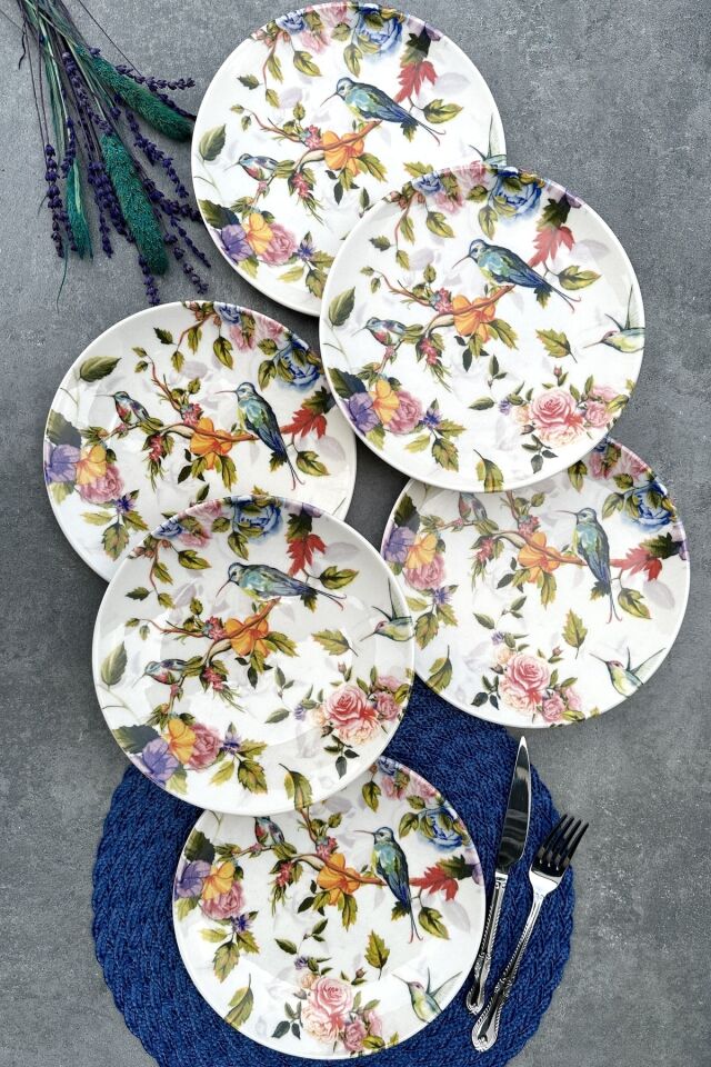 Hummingbird 24 Cm Krem Kuş Desenli Porselen Servis Tabak Takımı