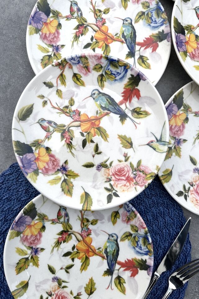 Hummingbird 24 Cm Krem Kuş Desenli Porselen Servis Tabak Takımı