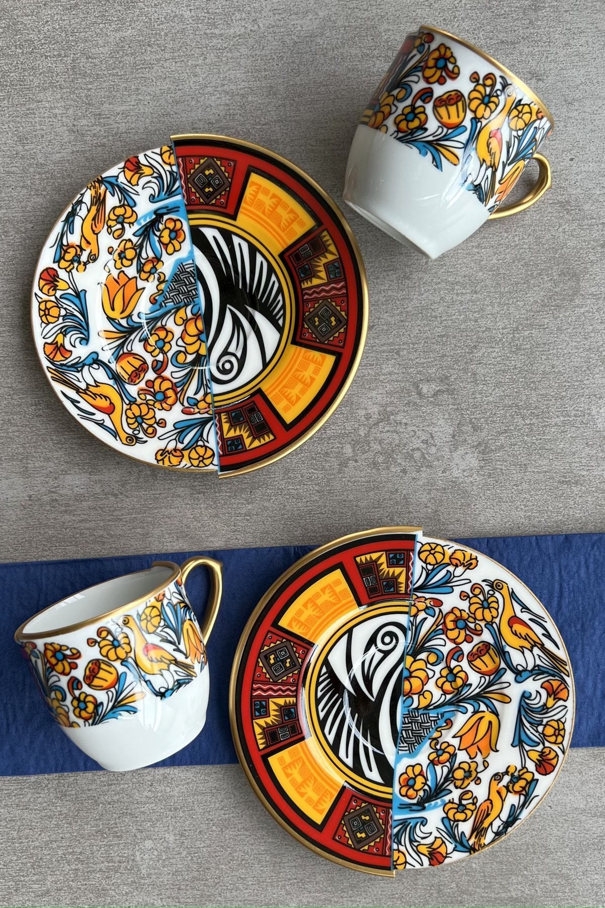 Iki Desenli, Çift Desen Canga Serisi 2 Kişilik Kahve Fincan Takımı Sunum Servis Seti