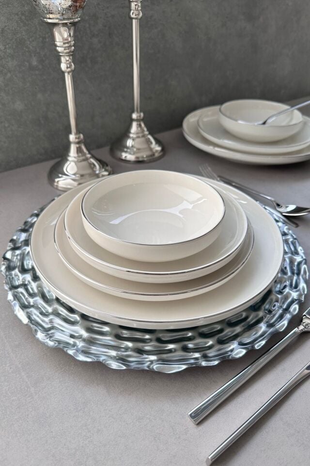 Modern Gümüş Platin Krem 24 Parça 6 Kişilik Sunum Servis Yemek Takımı Seti