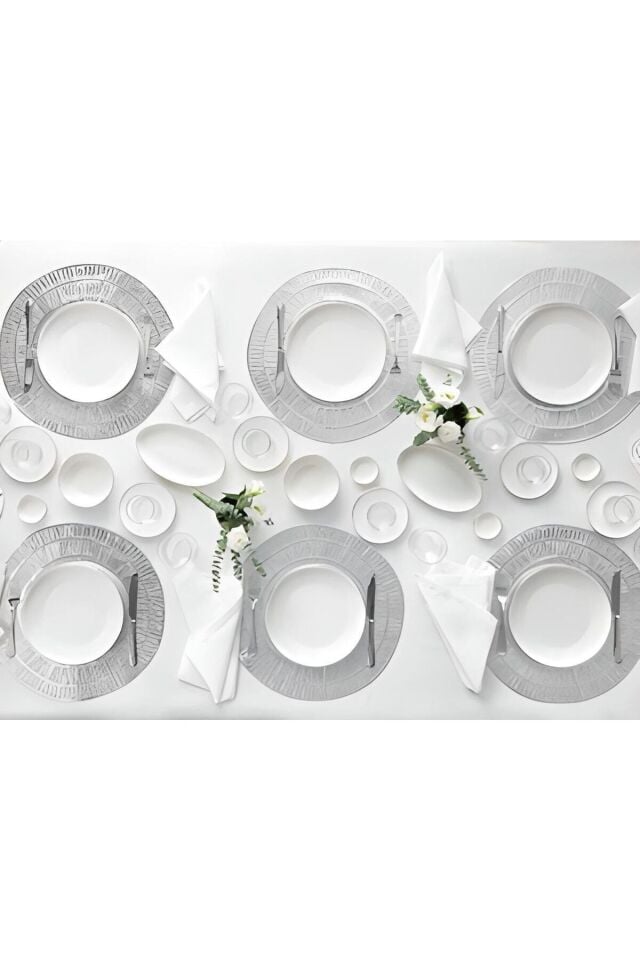 Modern Gümüş Platin Krem 24 Parça 6 Kişilik Sunum Servis Yemek Takımı Seti