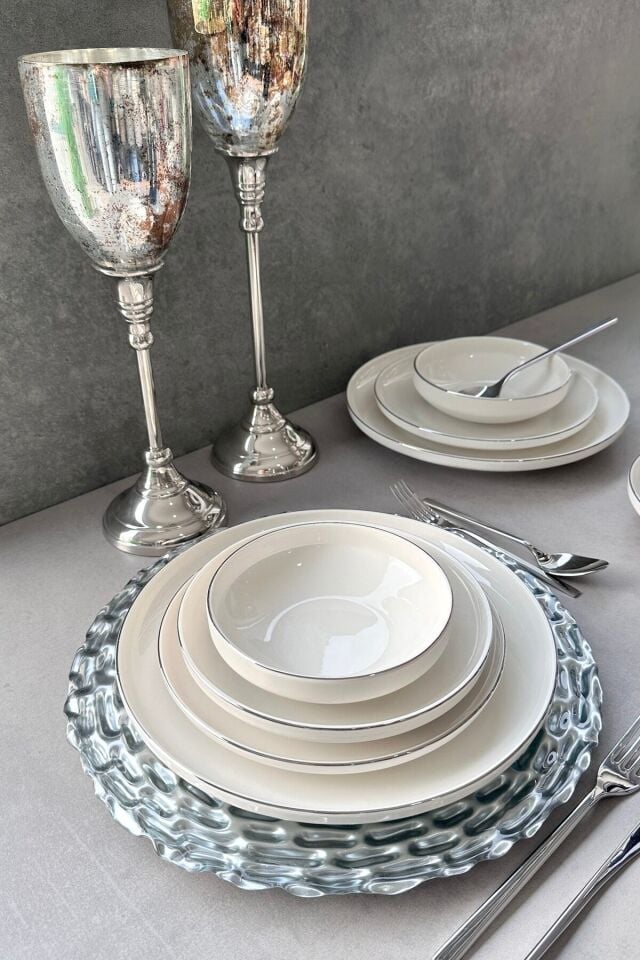 Modern Gümüş Platin Krem 24 Parça 6 Kişilik Sunum Servis Yemek Takımı Seti