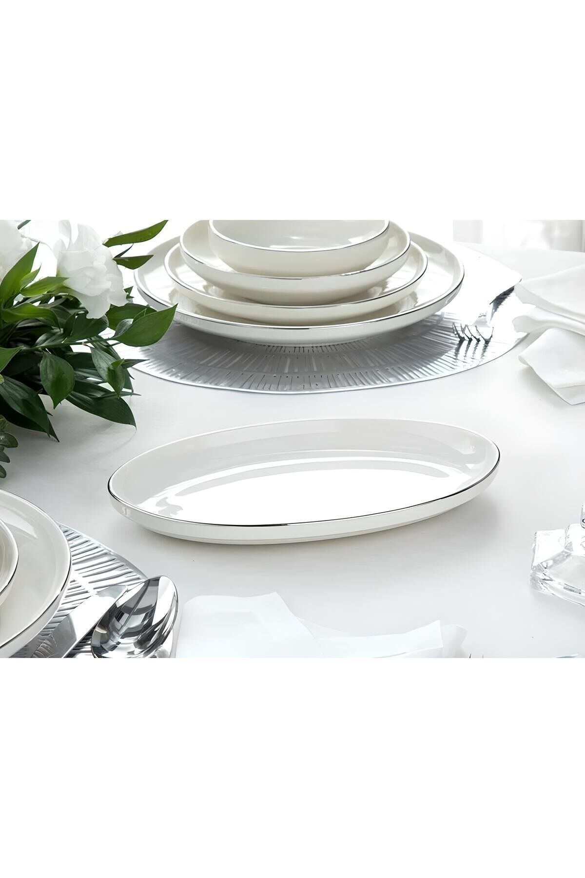 Modern Gümüş Silver 2li 25 Cm Orta Boy Krem Kayık Sunum Tabağı Servis Seti