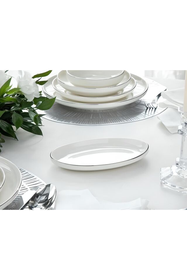 Modern Gümüş Silver 2li 20 Cm Krem Küçük Boy Porselen Kayık Servis Tabağı Seti