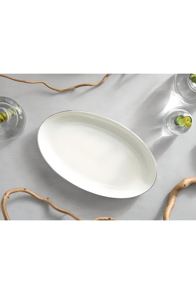Modern Gümüş Silver 2li 30 Cm Porselen Büyük Boy Krem Kayık Sunum Tabağı Seti