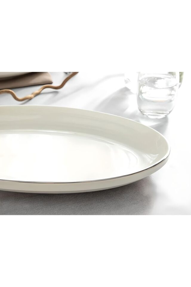 Modern Gümüş Silver 2li 30 Cm Porselen Büyük Boy Krem Kayık Sunum Tabağı Seti