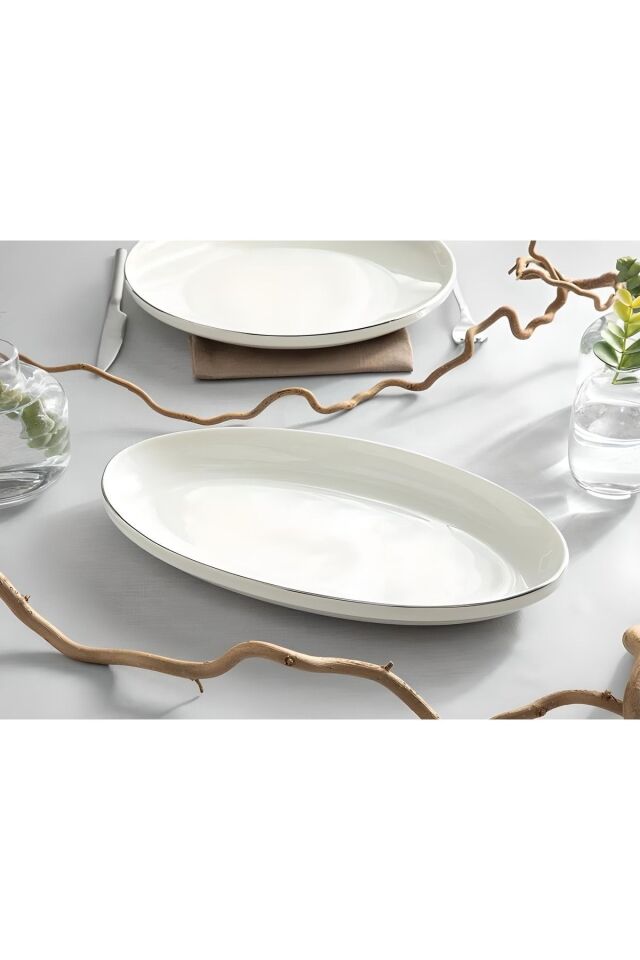 Modern Gümüş Silver 2li 30 Cm Porselen Büyük Boy Krem Kayık Sunum Tabağı Seti