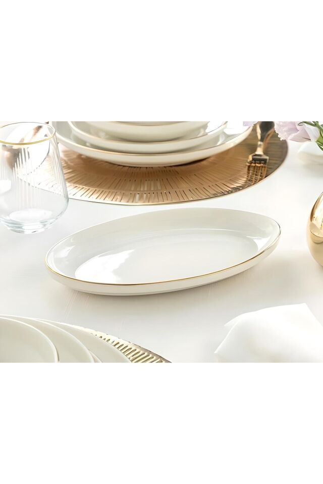 Modern Gold Altın 2li 25 Cm Porselen Orta Boy Krem Kayık Sunum Tabağı Servis Seti
