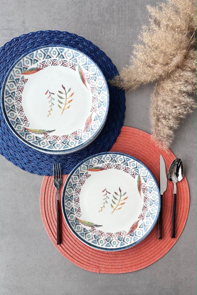 6 Kişilik 25,5 Cm 6 Parça Bitki Desenli Porselen Kahvaltı Sunum Tabakları