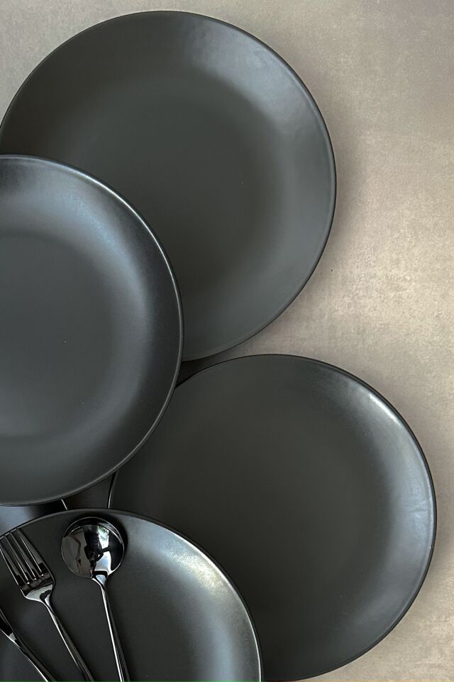Black Matte Siyah Mat 25,5 Cm 6 Kişilik Porselen Servis Tabak Takımı