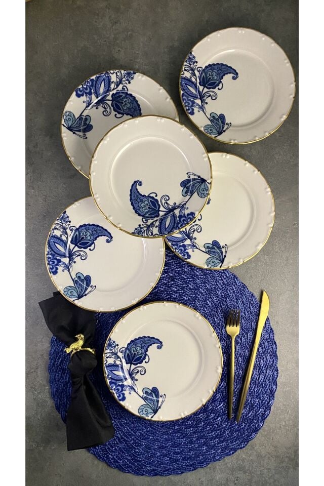 Safir Mat Altın Yaldızlı 6 Kişilik 19 Cm Pasta Tabağı Takımı