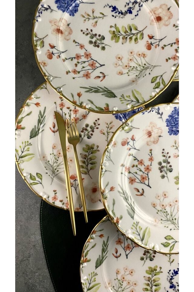 Violet Mat Altın Yaldızlı 6 Kişilik 25 Cm Gold Çiçekli 6'lı Servis Tabağı Takımı