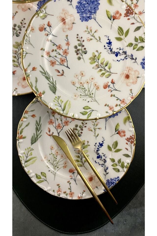 Violet Mat Altın Yaldızlı 6 Kişilik 25 Cm Gold Çiçekli 6'lı Servis Tabağı Takımı