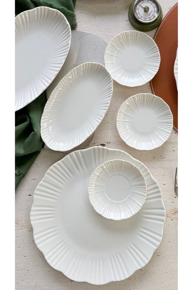 Aura Krem 19 Parça 6 Kişilik Porselen Kahvaltı Takımı Krem Sade