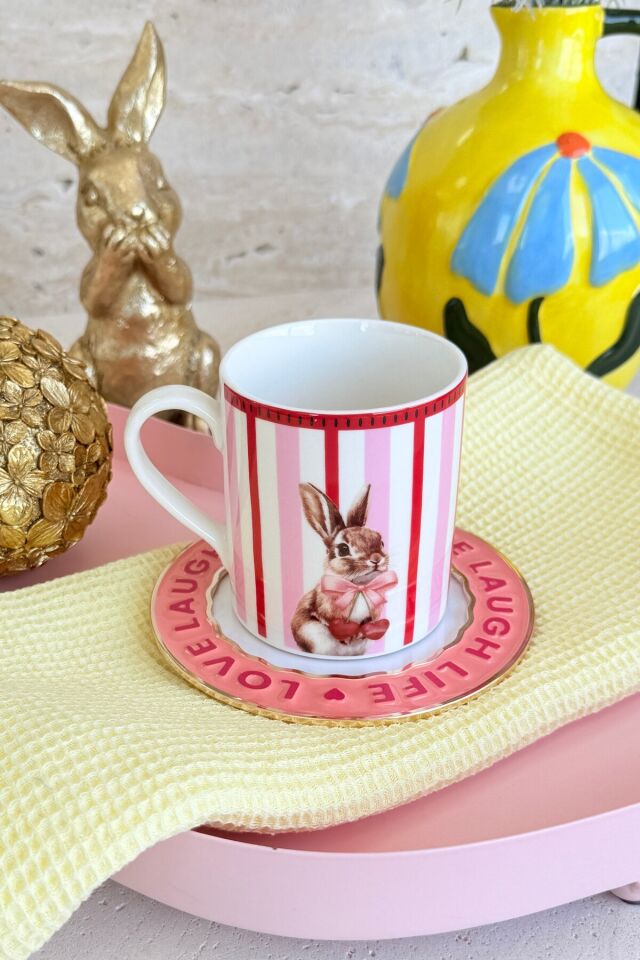 Animal Gala 2'li Premium Porselen Penguen ve Tavşan Desenli Pembe Yeşil Kiraz Desenli Kupa Bardak