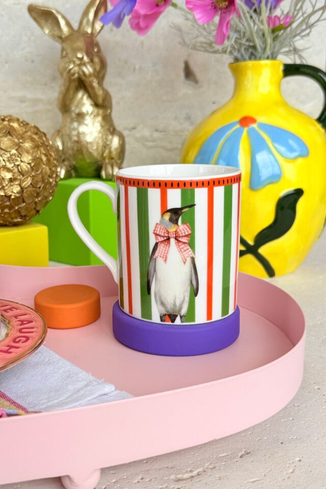 Animal Gala 2'li Premium Porselen Penguen ve Tavşan Desenli Pembe Yeşil Kiraz Desenli Kupa Bardak