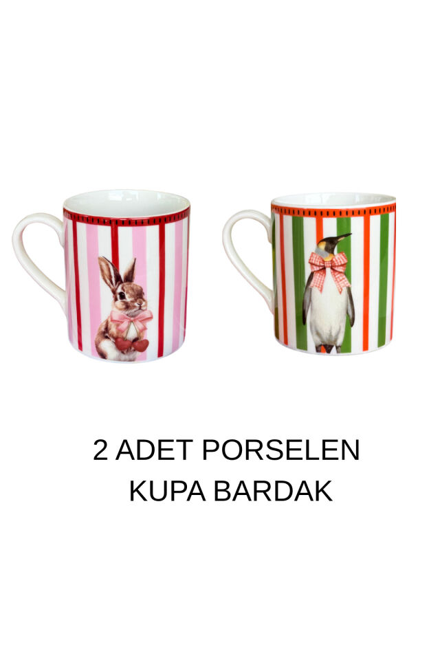 Animal Gala 2'li Premium Porselen Penguen ve Tavşan Desenli Pembe Yeşil Kiraz Desenli Kupa Bardak