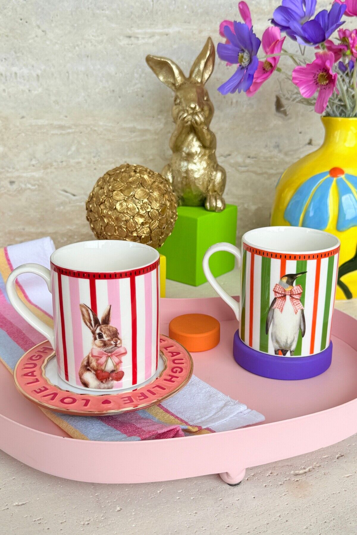 Animal Gala 2'li Premium Porselen Penguen ve Tavşan Desenli Pembe Yeşil Kiraz Desenli Kupa Bardak