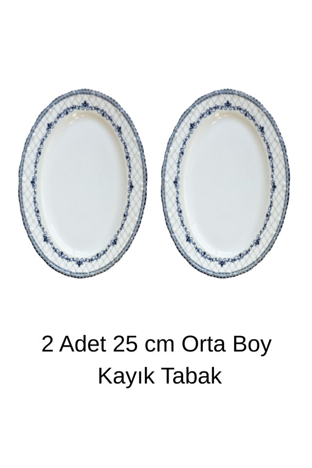 Victoria 2li 25 Cm Premium Porselen Orta Boy Kayık Sunum Servis Seti Mavi Gri Modern Desenli