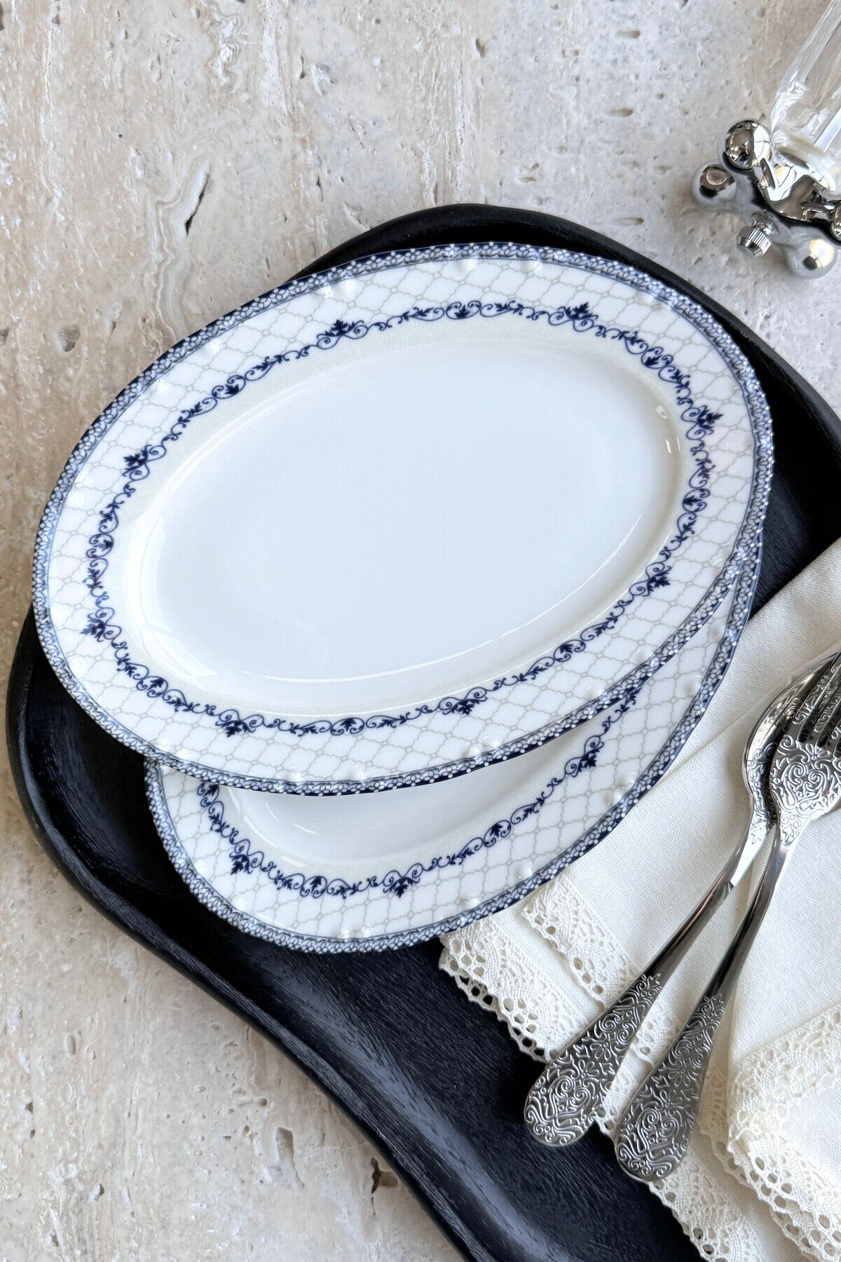 Victoria 2li 25 Cm Premium Porselen Orta Boy Kayık Sunum Servis Seti Mavi Gri Modern Desenli
