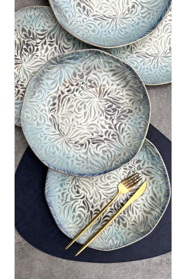 Otantica Mint Mat Altın Yaldızlı Amorf 6 Kişilik Porselen Servis Tabağı Takımı