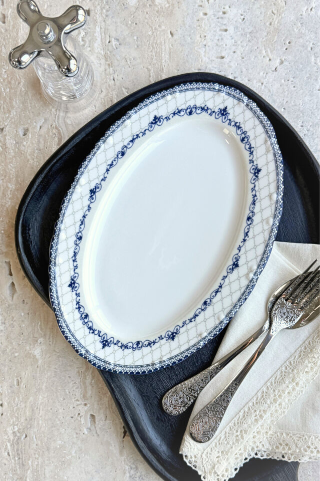 Victoria 2li 30 Cm Premium Porselen Büyük Boy Kayık Sunum Servis Seti Mavi Gri Modern Desenli
