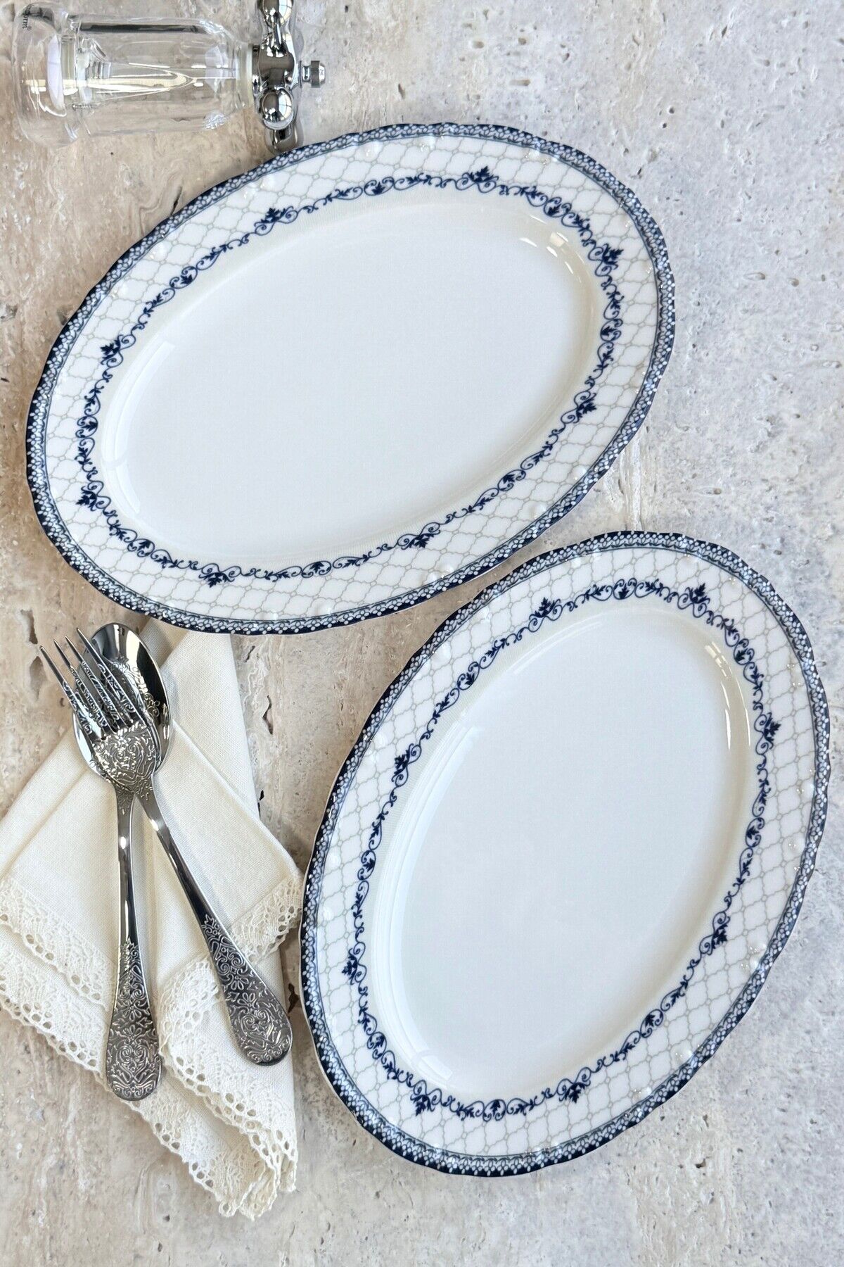 Victoria 2li 30 Cm Premium Porselen Büyük Boy Kayık Sunum Servis Seti Mavi Gri Modern Desenli