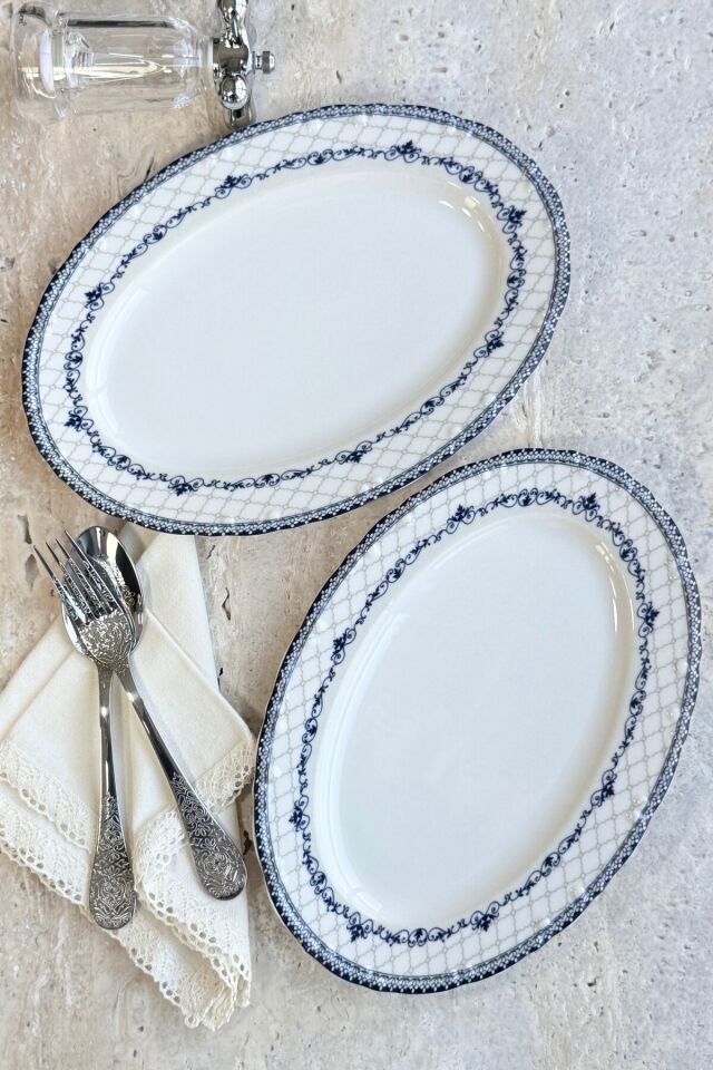 Victoria 2li 30 Cm Premium Porselen Büyük Boy Kayık Sunum Servis Seti Mavi Gri Modern Desenli