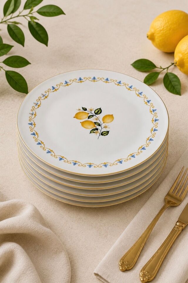 Lemoncello 6 Kişilik 19 cm Limon Desenli Porselen Pasta Tabağı Takımı 6 ADET MAT ALTIN YALDIZLI MAVİ BEYAZ