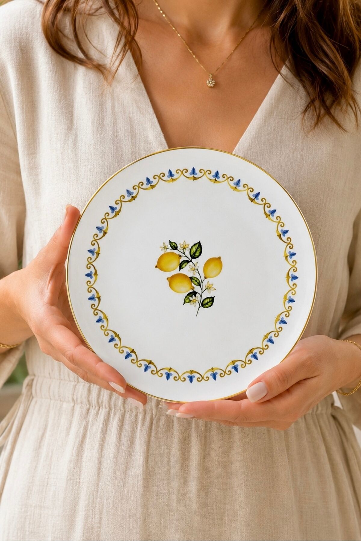 Lemoncello 6 Kişilik 19 cm Limon Desenli Porselen Pasta Tabağı Takımı 6 ADET MAT ALTIN YALDIZLI MAVİ BEYAZ