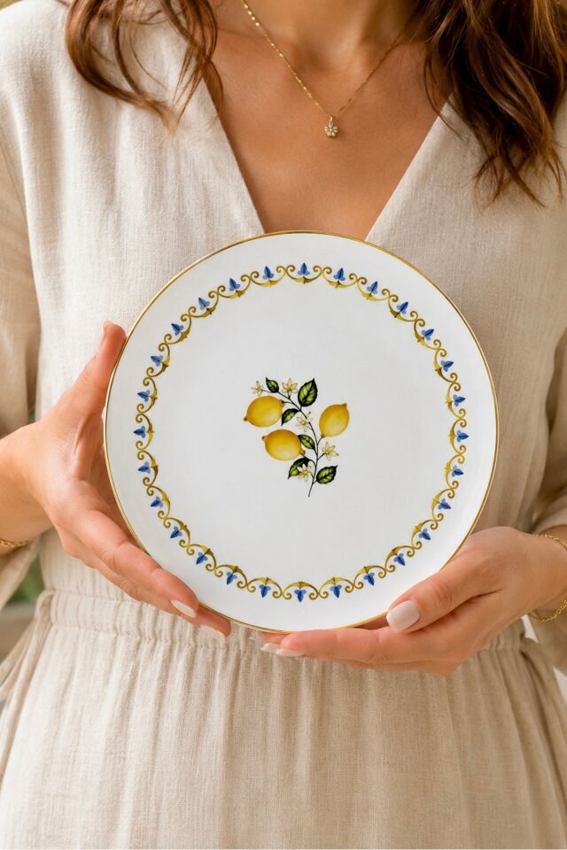 Lemoncello 6 Kişilik 19 cm Limon Desenli Porselen Pasta Tabağı Takımı 6 ADET MAT ALTIN YALDIZLI MAVİ BEYAZ