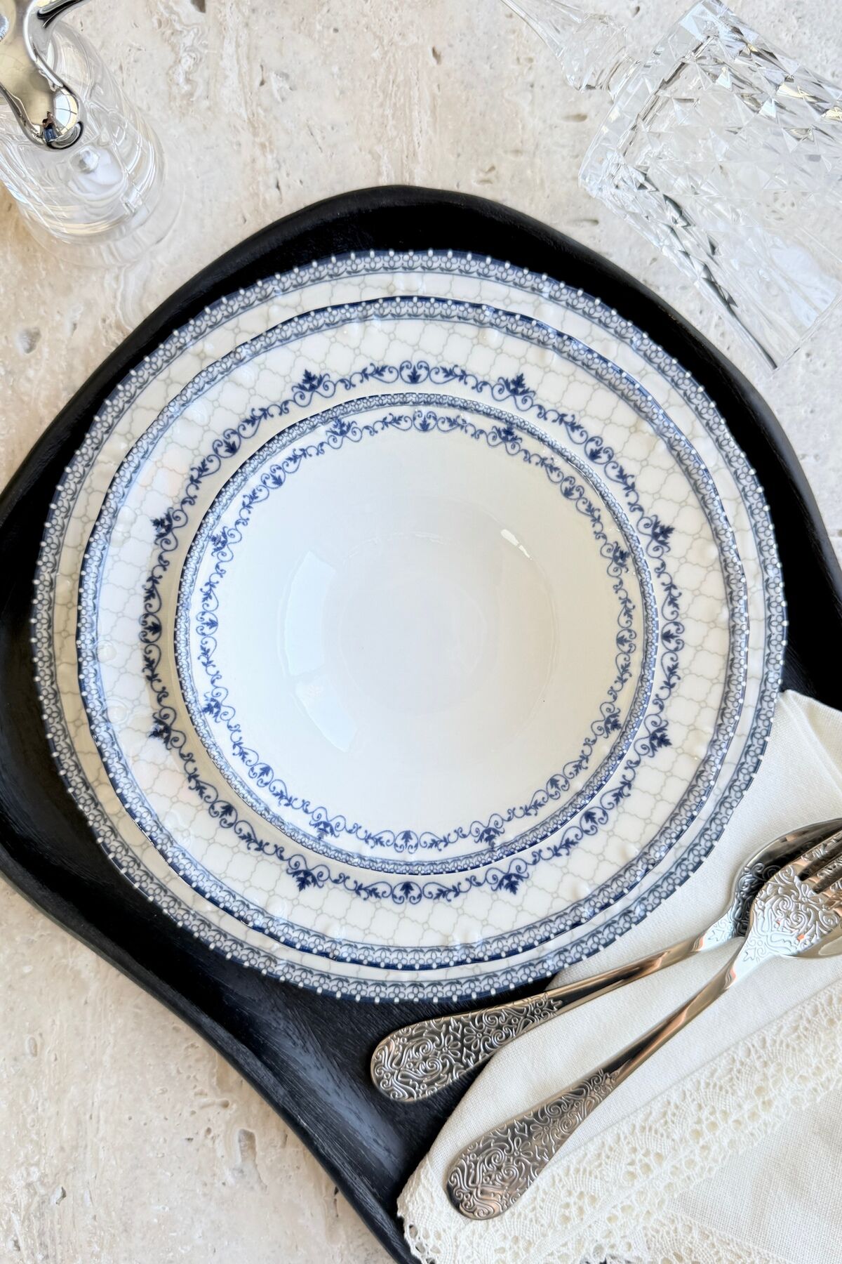 Victoria 24 Parça 6 Kişilik Premium Porselen Yemek Takımı Mavi Gri Desenli Vintage Desen