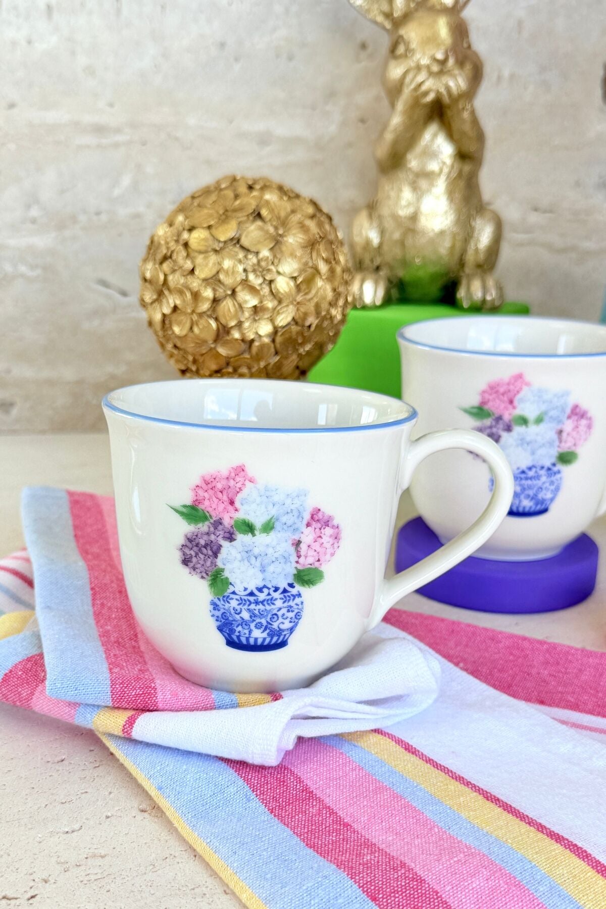 Ortanca 2'li Premium Porselen Mavi Pembe Çiçek Desenli Kupa Mug Fincan Seti