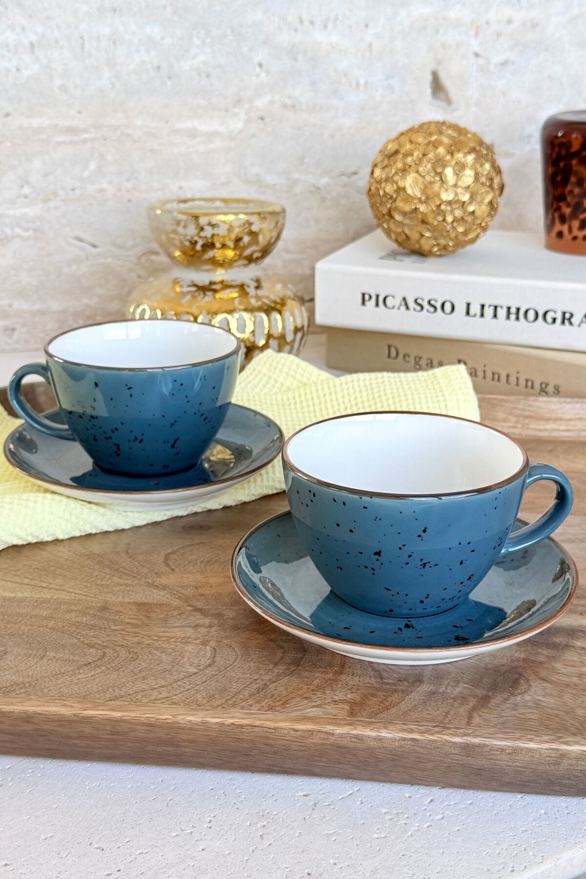 Latte Art Petrol Mavisi 4 Parça 2 Kişilik Porselen Büyük Boy Cappucino Latte Fincan Takımı LUNA 3 97 Mavi