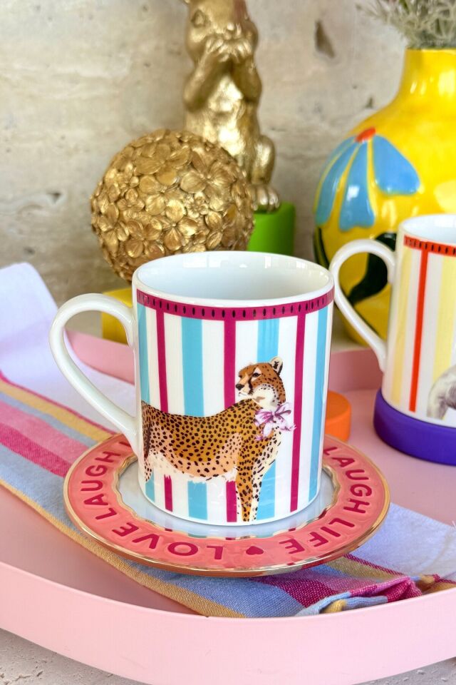 Animal Gala 2'li Premium Porselen Renkli Leopar ve Koala Desenli Mor Sarı Kupa Fincan Mug Seti