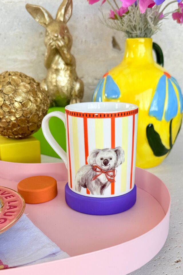 Animal Gala 2'li Premium Porselen Renkli Leopar ve Koala Desenli Mor Sarı Kupa Fincan Mug Seti