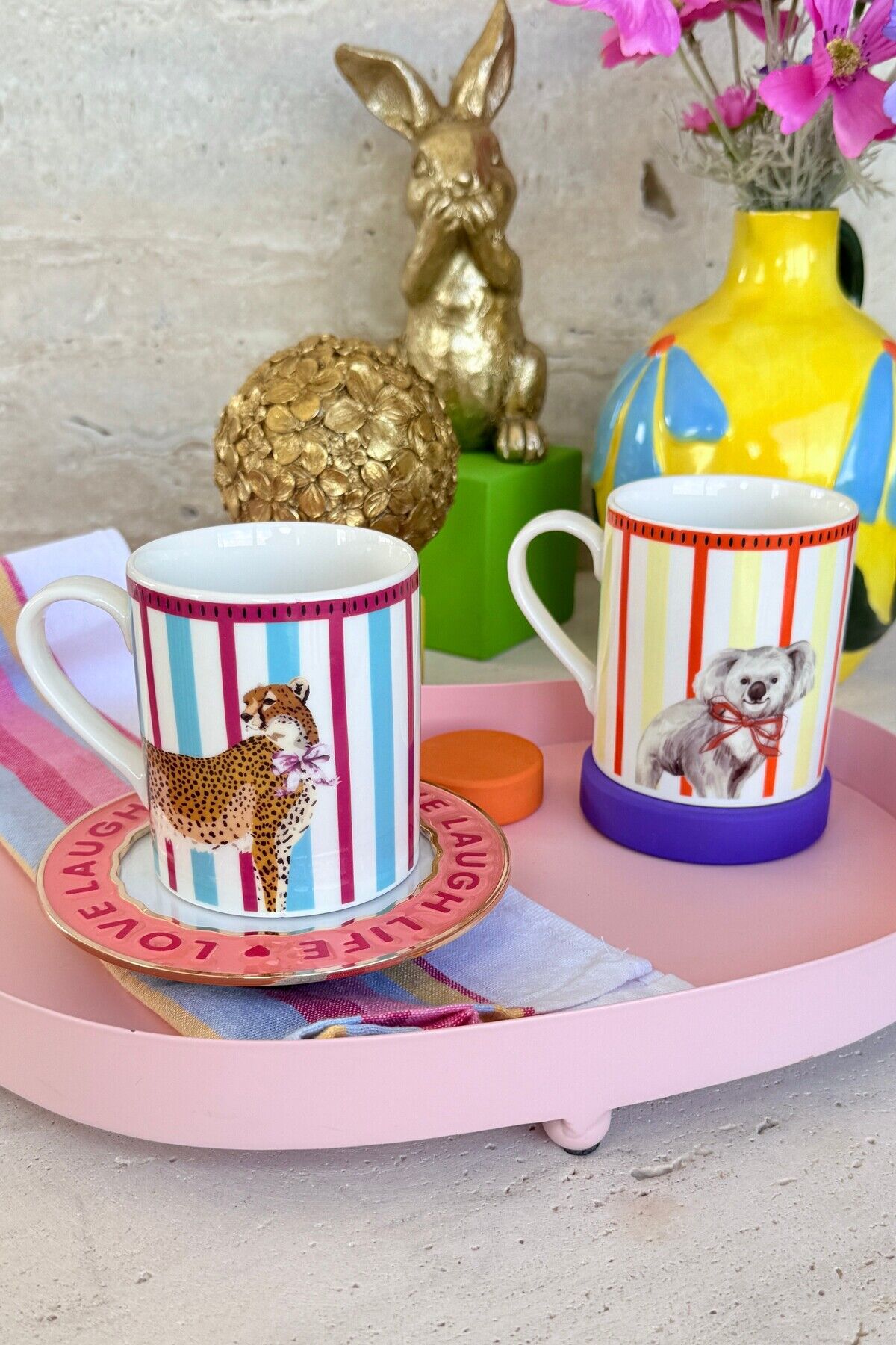Animal Gala 2'li Premium Porselen Renkli Leopar ve Koala Desenli Mor Sarı Kupa Fincan Mug Seti