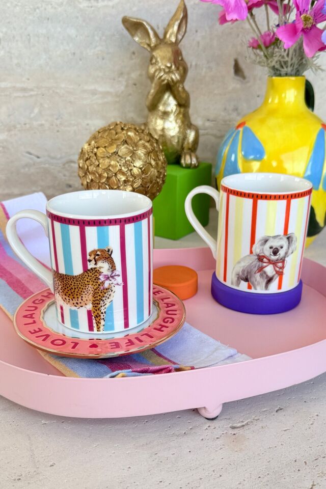 Animal Gala 2'li Premium Porselen Renkli Leopar ve Koala Desenli Mor Sarı Kupa Fincan Mug Seti