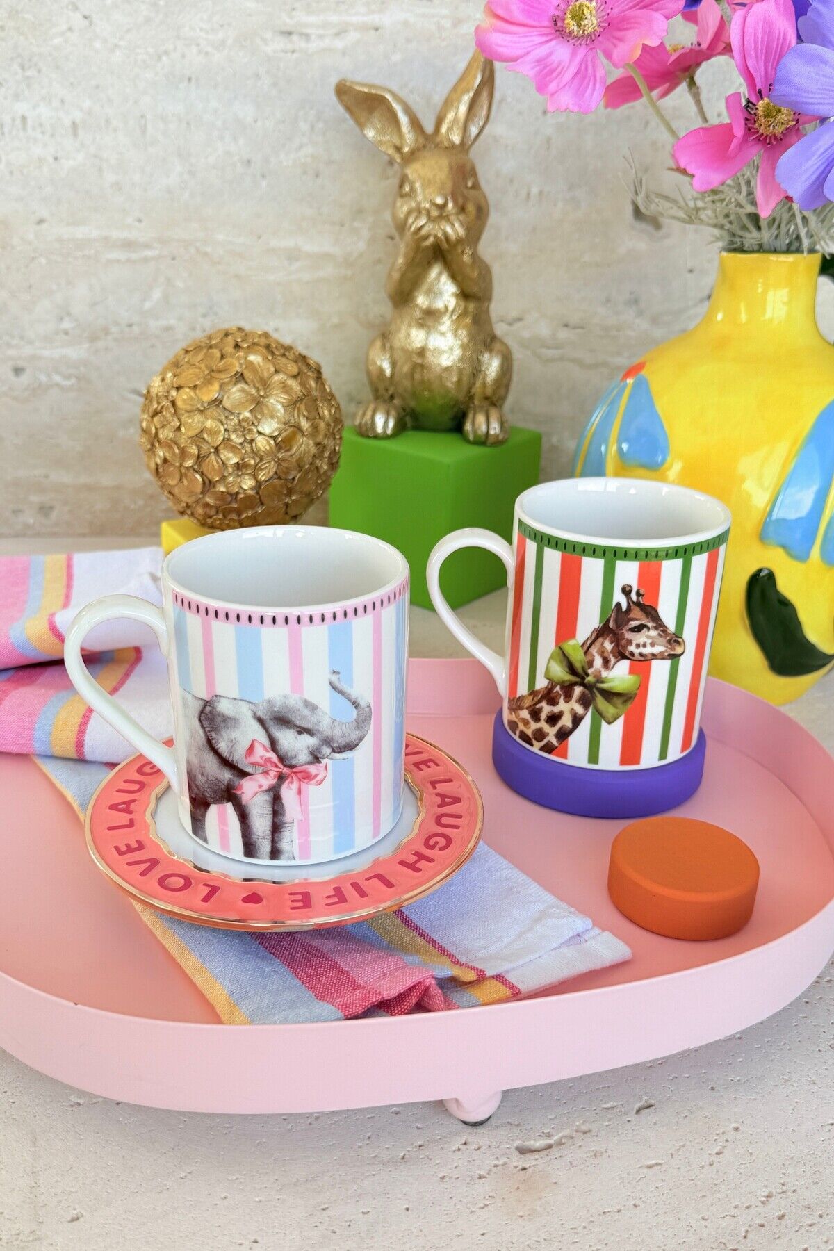 Animal Gala 2'li Premium Porselen Renkli Fil ve Zürafa Desenli Mavi Turuncu Kupa Fincan Mug Seti