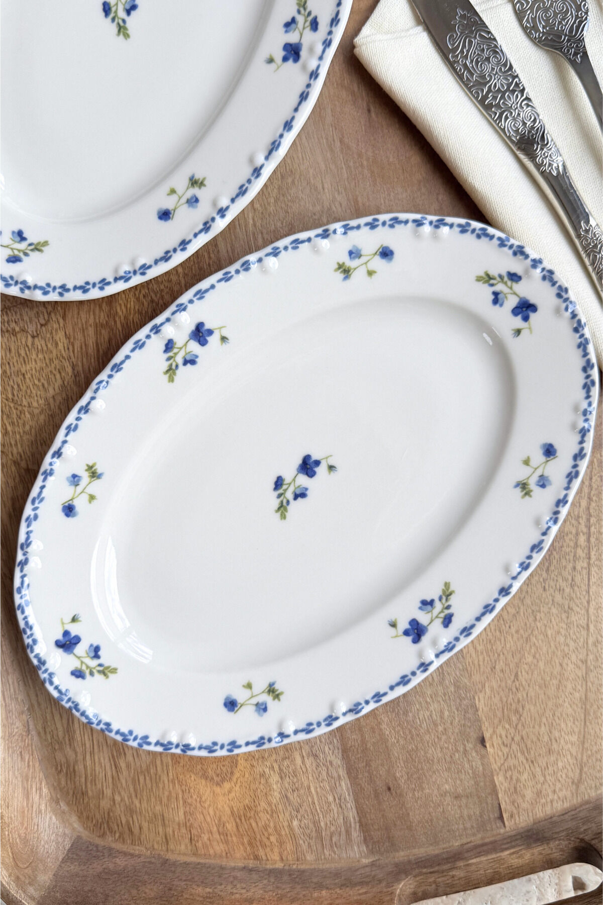 Jülide 2li 25 Cm Premium Porselen Orta Boy Kayık Sunum Servis Seti Mavi Çiçek Desenli