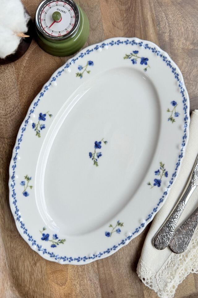 Jülide 2li 30 Cm Premium Porselen Büyük Boy Kayık Sunum Servis Seti Mavi Çiçek Desenli