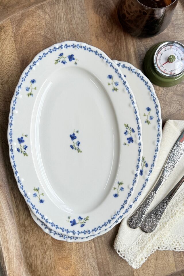 Jülide 2li 30 Cm Premium Porselen Büyük Boy Kayık Sunum Servis Seti Mavi Çiçek Desenli