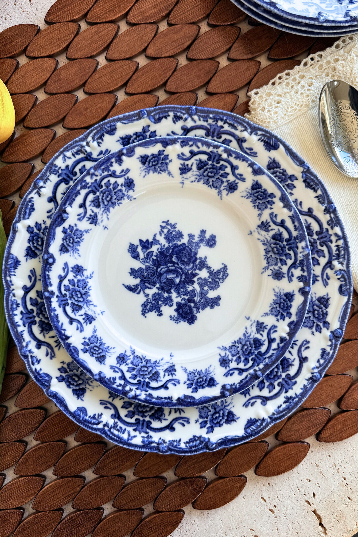 Antique Deep Azul 6 kişilik 19 cm Özel Tasarım Premium Porselen Pasta Tabağı Takımı Çiçek Desenli