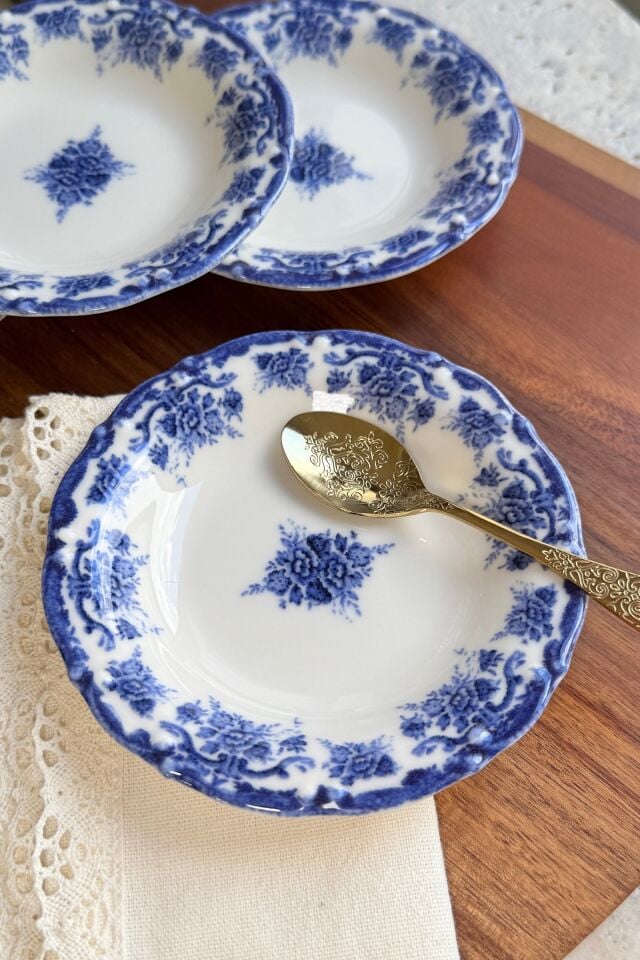 Antique Deep Azul 4'lü Porselen Reçellik / Çerezlik Kase Mavi Çiçek Desenli 4 parça